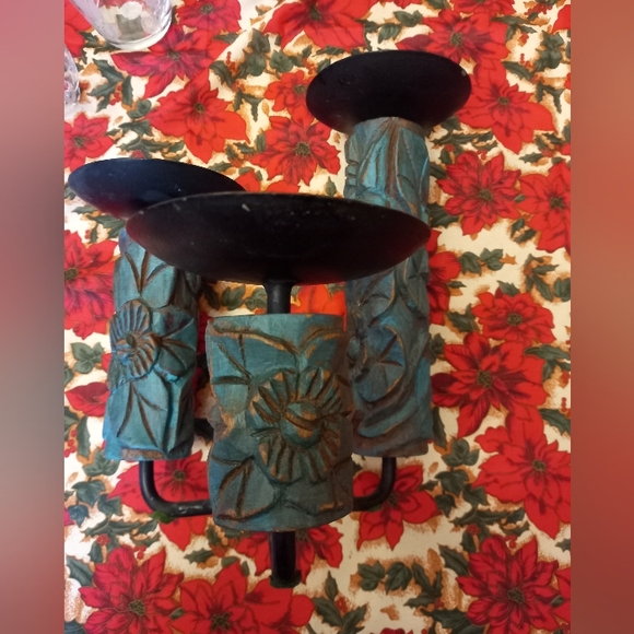 Rustic Iron and Wood Vintage Triple Pillar Candle Stand - Picture 2 of 3